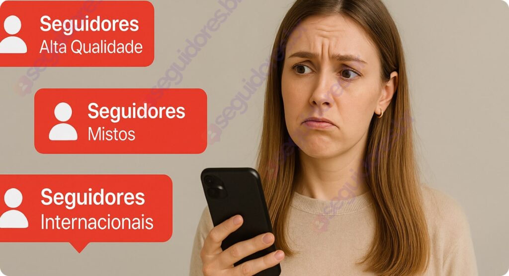 Mulher tentando escolher o tipo de seguidores