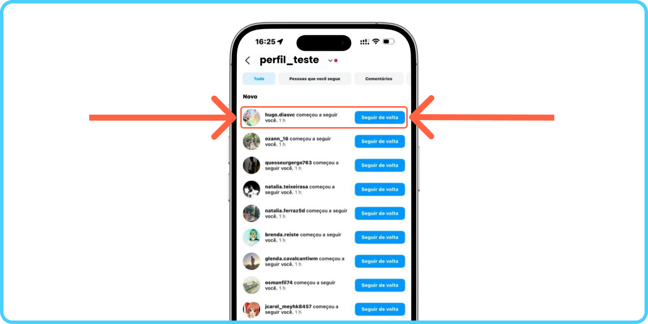 Remover Seguidores Instagram Primeira Etapa Print de tela Instagram mostrando os últimos seguidores