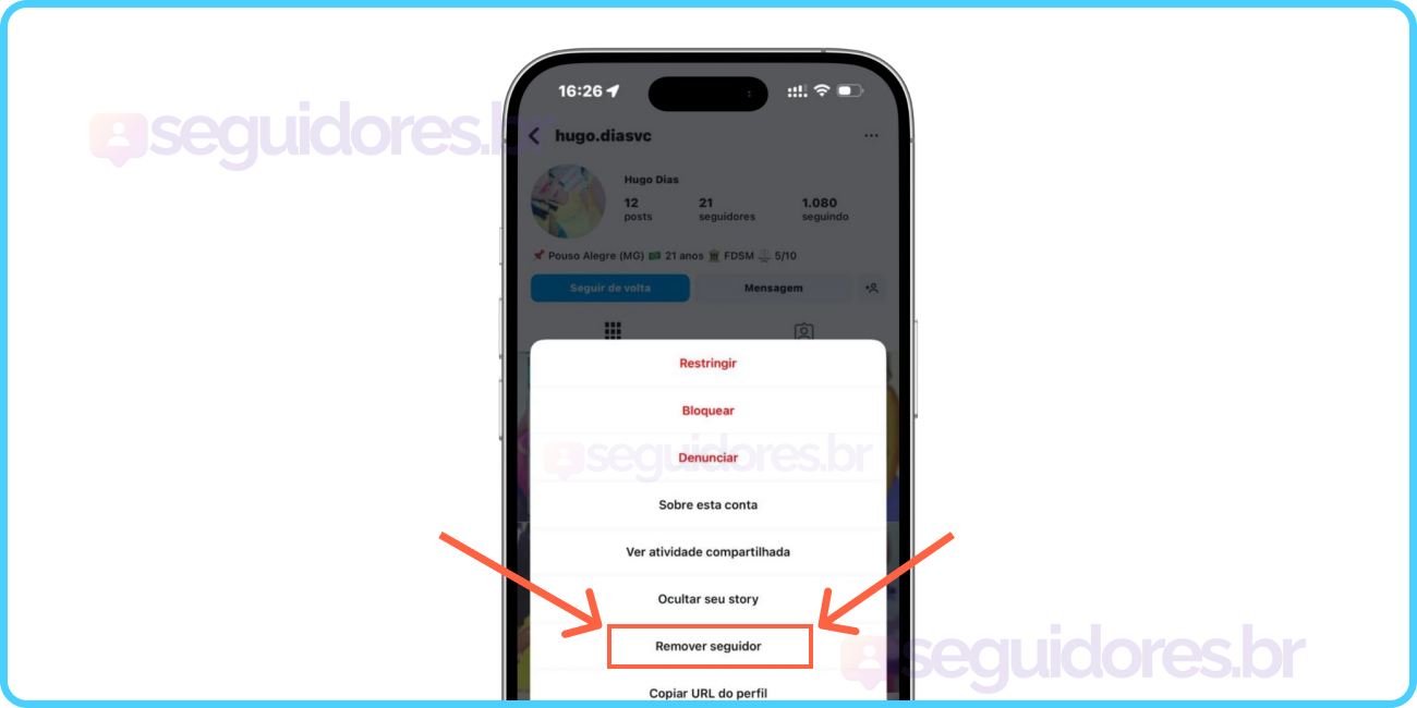 Remover Seguidores Instagram Primeira Etapa Print de tala do Instagram mostrando como remover seguidor