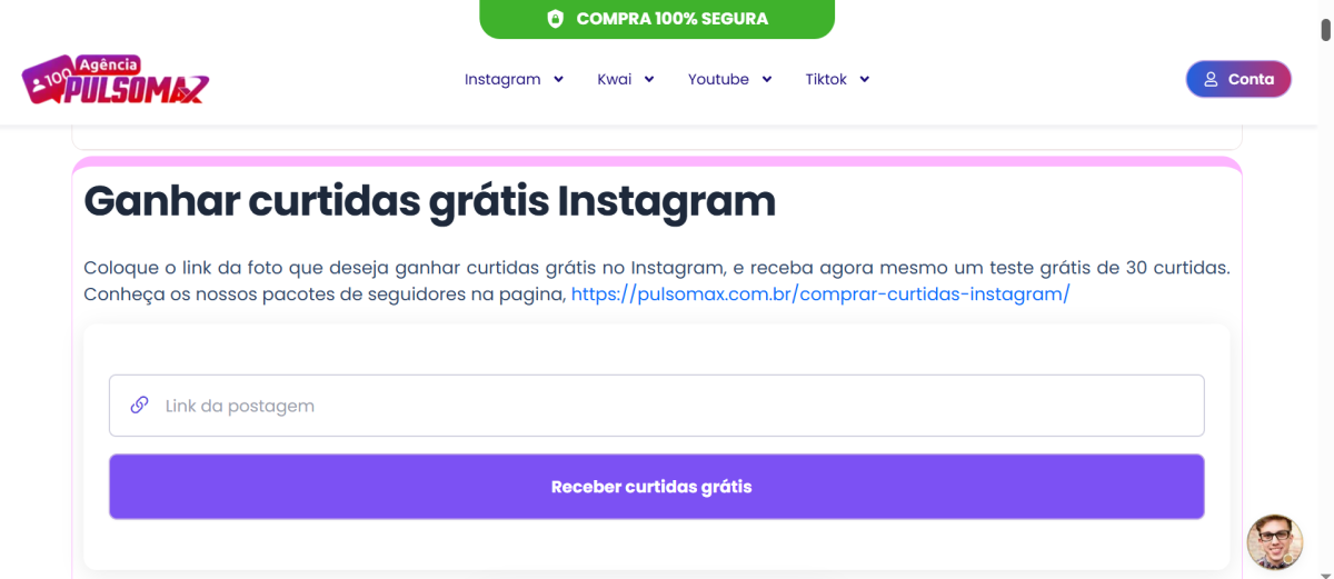 Print do site Pulsomax, ganhar curtidas Instagram