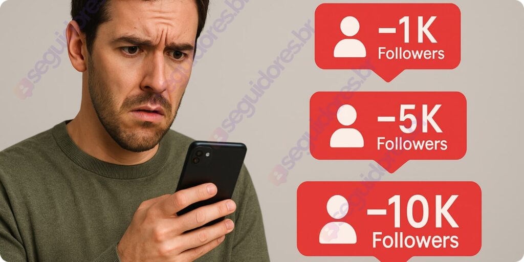 Homem confuso segurando o celular e vendo os seus seguidores do Instagram desaparecer