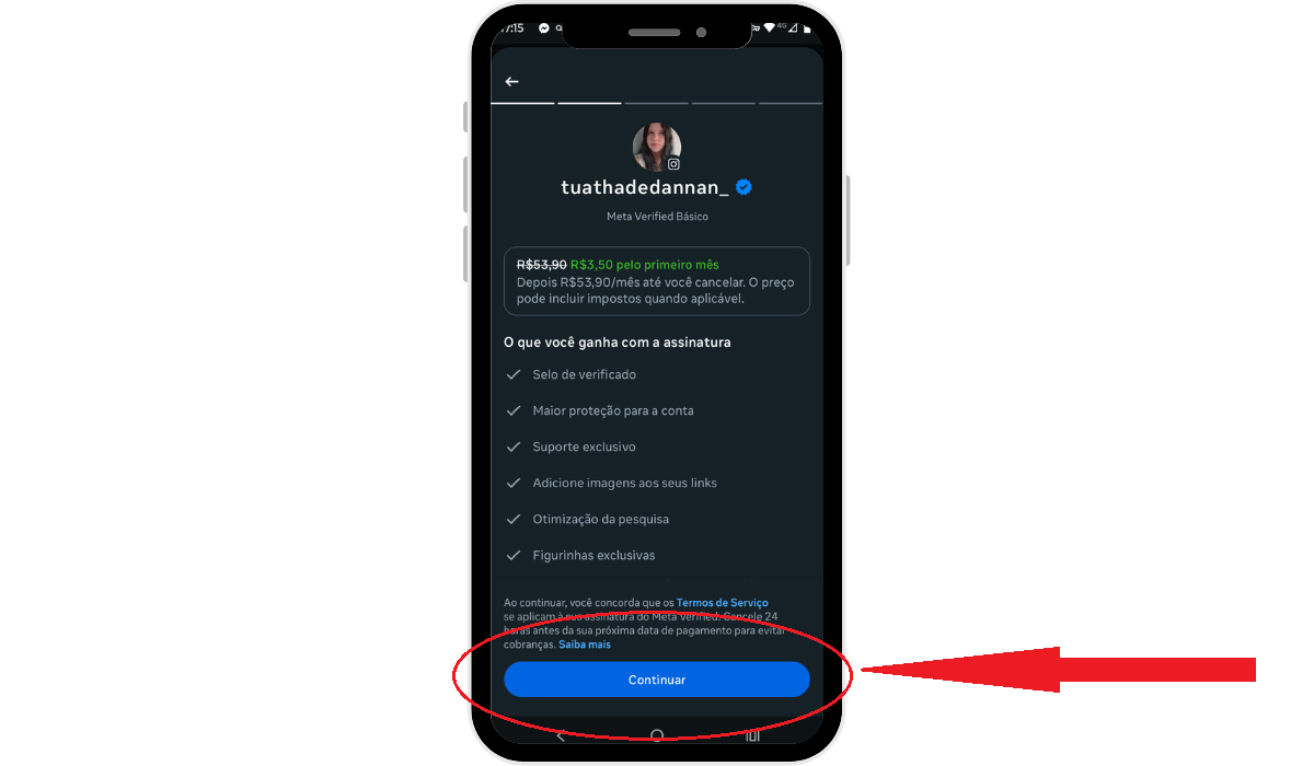 Confirme seu plano Meta Verified clicando em continuar